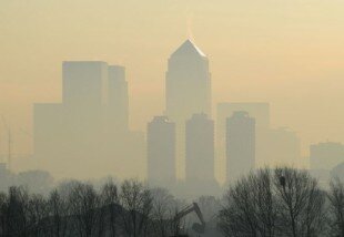 Canary Wharf skyline through fog © Ian Bell